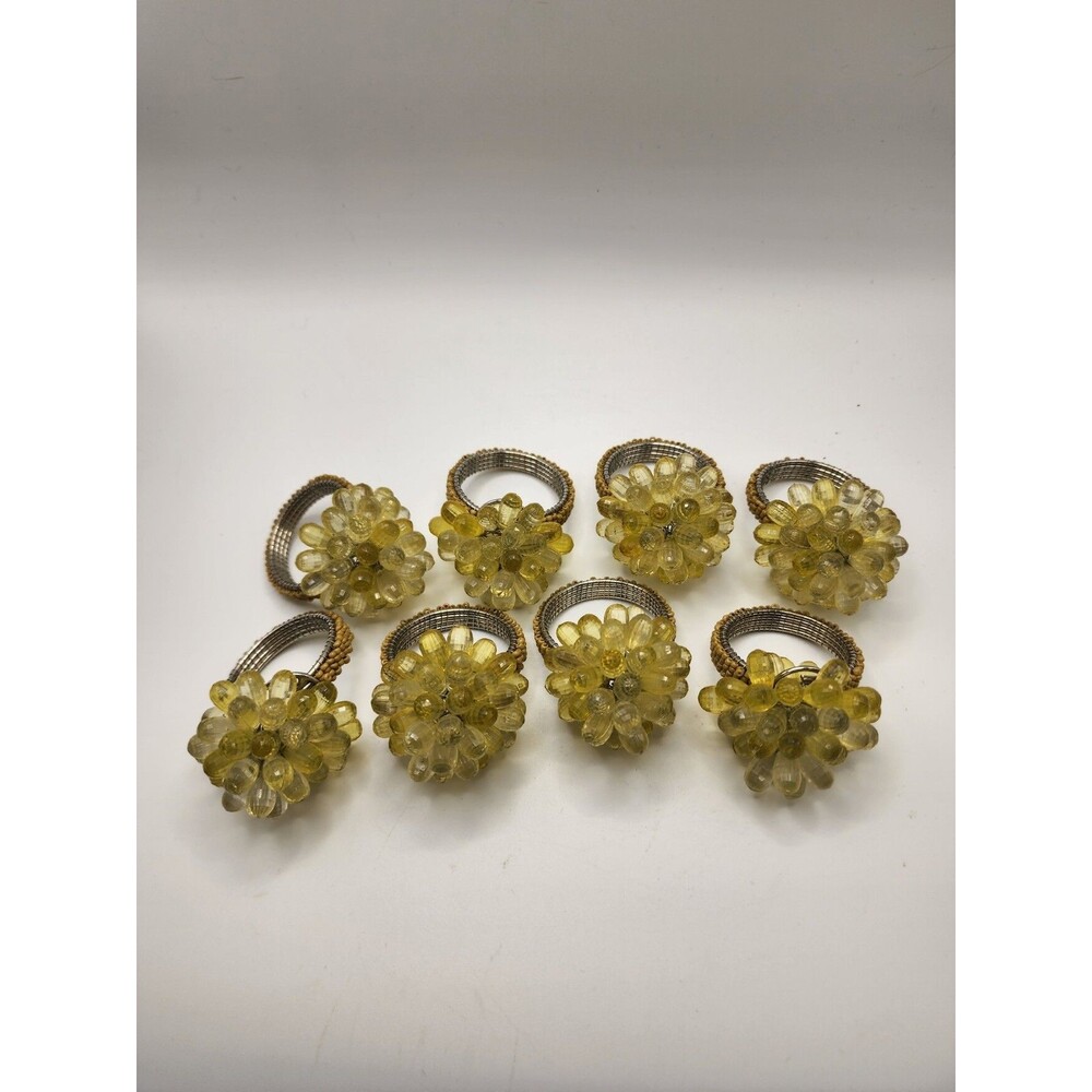 Beaded Flower Napkin Rings Set of 8 Lucite Yellow Silver Color Hand Beaded MCM